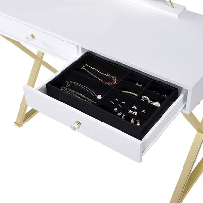 Coleen Vanity Desk w/Mirror & Jewelry Tray, White & Gold