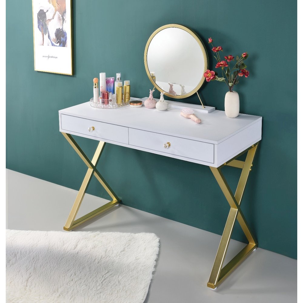 Coleen Vanity Desk w/Mirror & Jewelry Tray, White & Gold