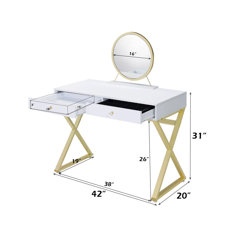 Coleen Vanity Desk w/Mirror & Jewelry Tray, White & Gold