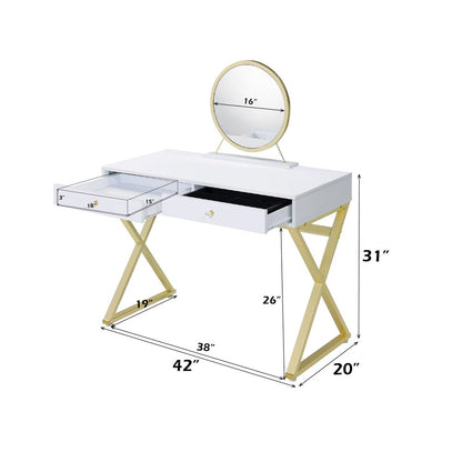 Coleen Vanity Desk w/Mirror & Jewelry Tray, White & Gold
