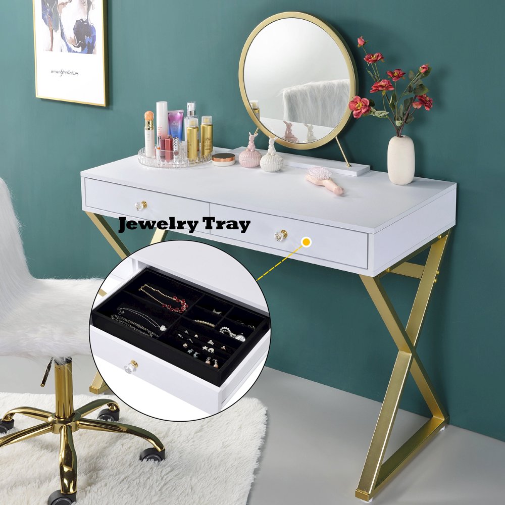 Coleen Vanity Desk w/Mirror & Jewelry Tray, White & Gold