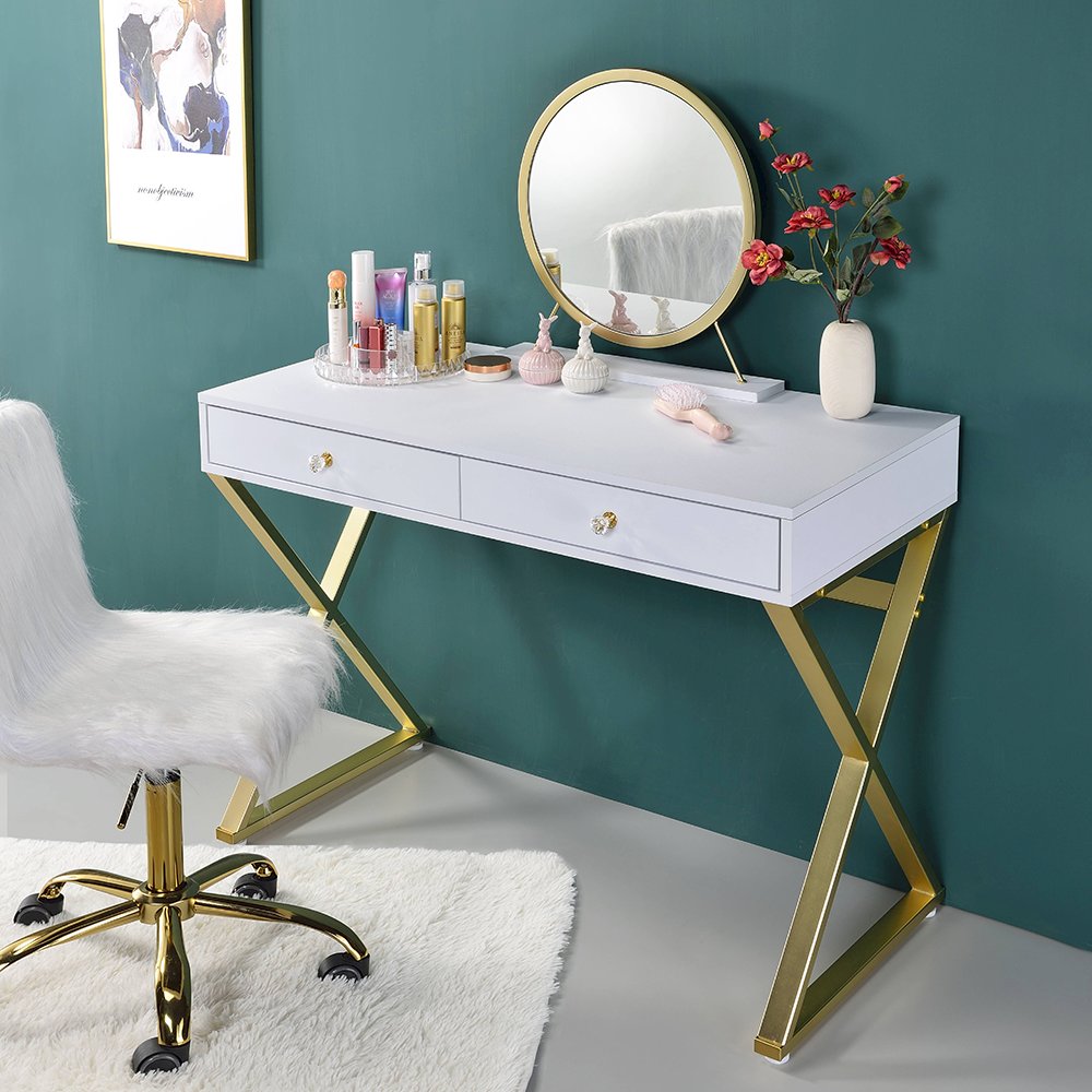 Coleen Vanity Desk w/Mirror & Jewelry Tray, White & Gold