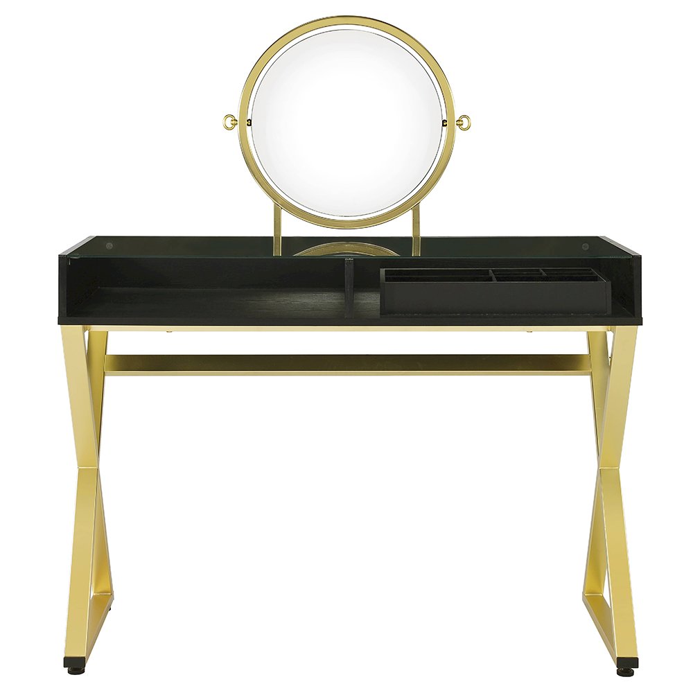 Coleen Vanity Desk w/Mirror & Jewelry Tray, Black & Gold