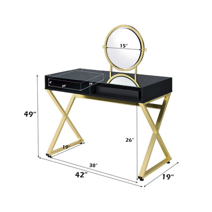 Coleen Vanity Desk w/Mirror & Jewelry Tray, Black & Gold