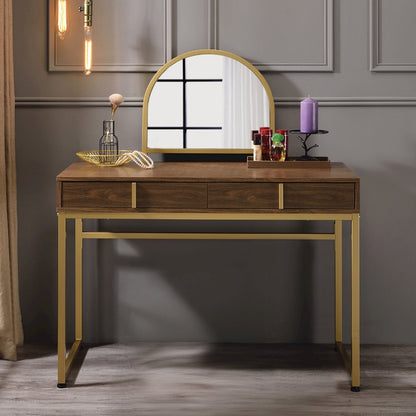 Coleen Vanity Desk w/Mirror & Jewelry Tray, Walnut & Gold
