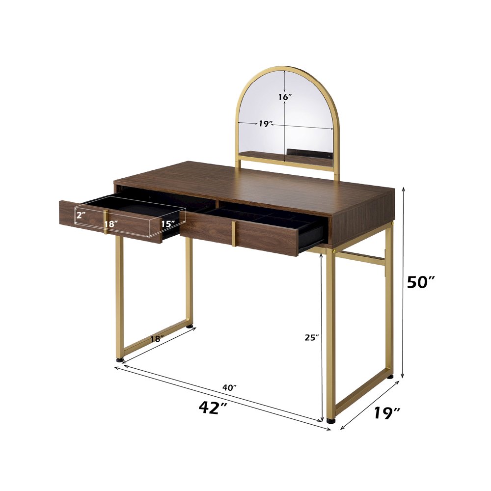 Coleen Vanity Desk w/Mirror & Jewelry Tray, Walnut & Gold