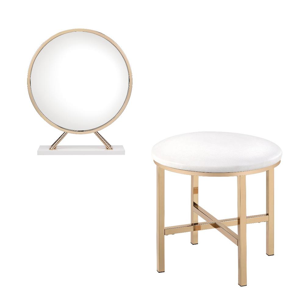 Midriaks Mirror & Stool, Leatherette, White & Gold