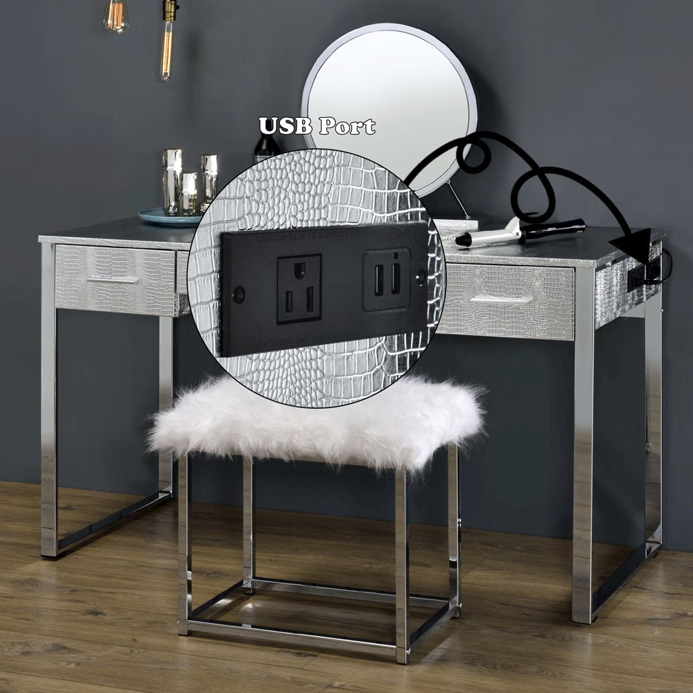 Myles Vanity Set w/USB Port, Antique White & Chrome