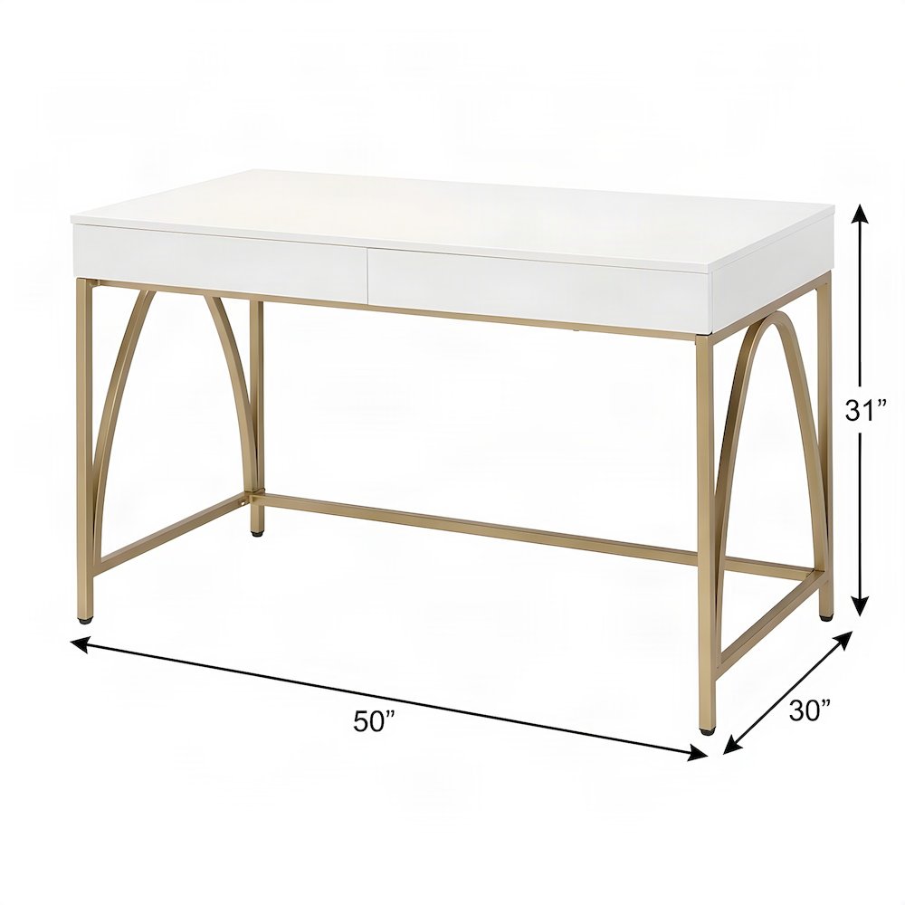 FurniFact Vanity Desk with 2 Drawers, Metal Base, White High Gloss & Gold