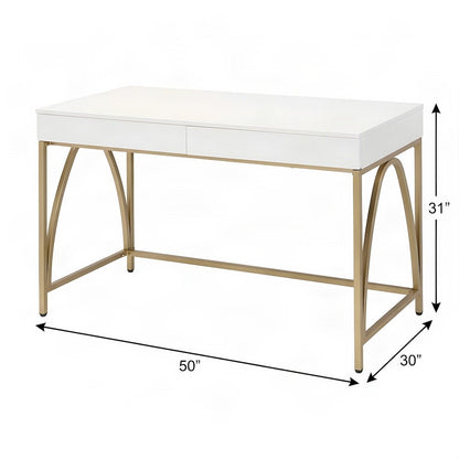 FurniFact Vanity Desk with 2 Drawers, Metal Base, White High Gloss & Gold