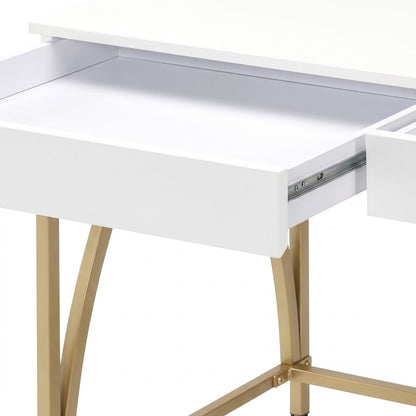 FurniFact Vanity Desk with 2 Drawers, Metal Base, White High Gloss & Gold