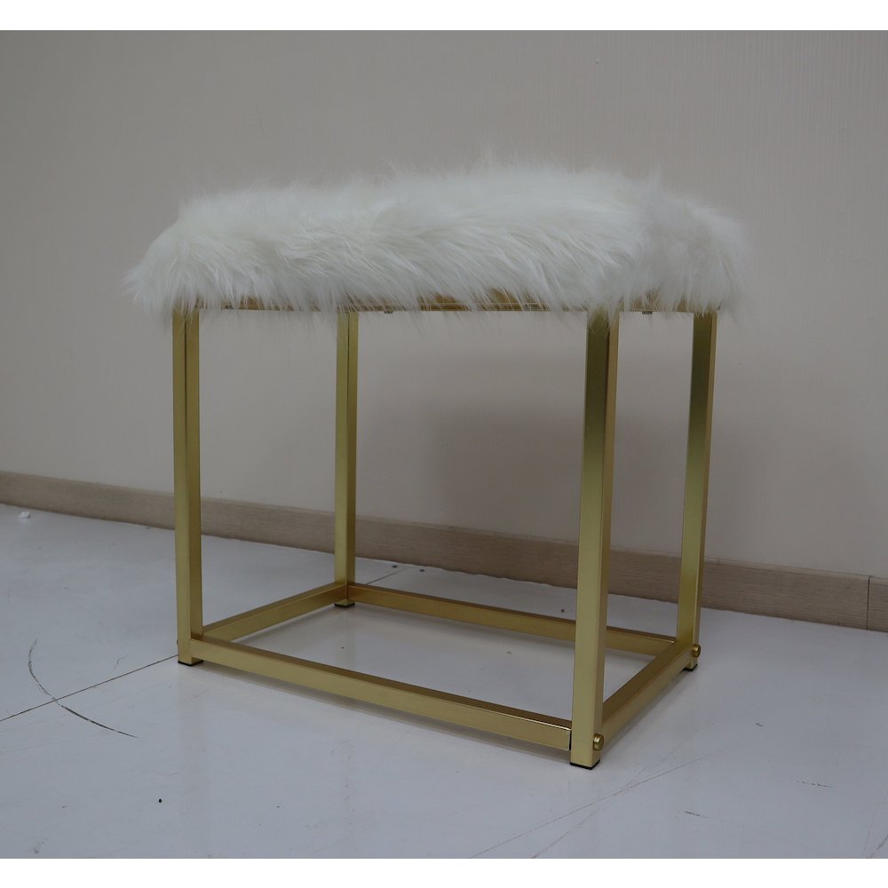 Adao Vanity Mirror & Stool, Faux Fur, Mirror, White & Brass