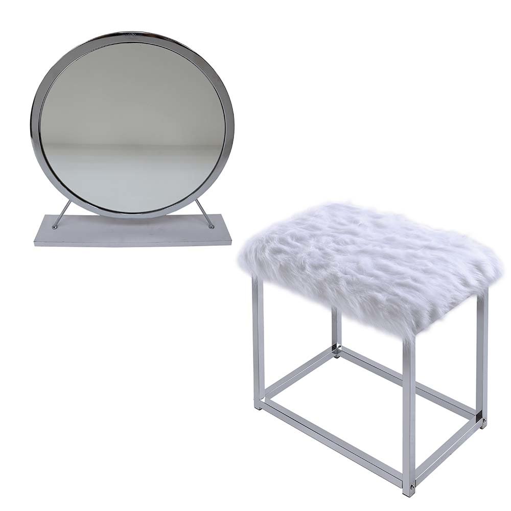 Adao Vanity Mirror & Stool, Faux Fur, Mirror, White & Chrome