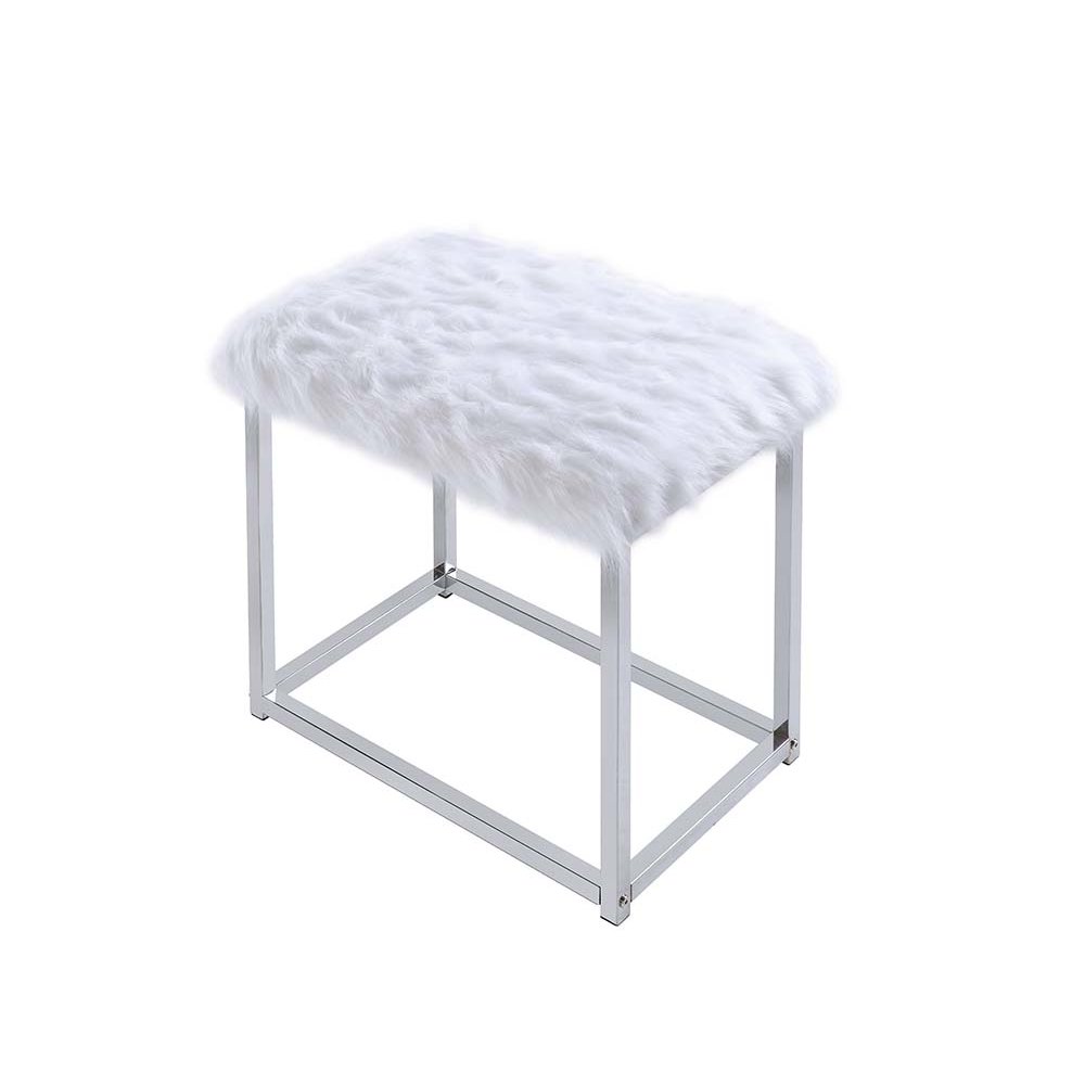 Adao Vanity Mirror & Stool, Faux Fur, Mirror, White & Chrome