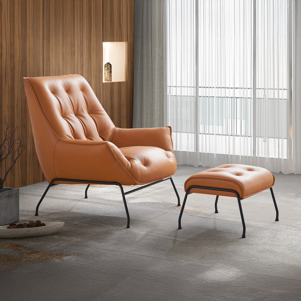 Zusa Accent Chair & Ottoman, Sandstone Top Grain Leather