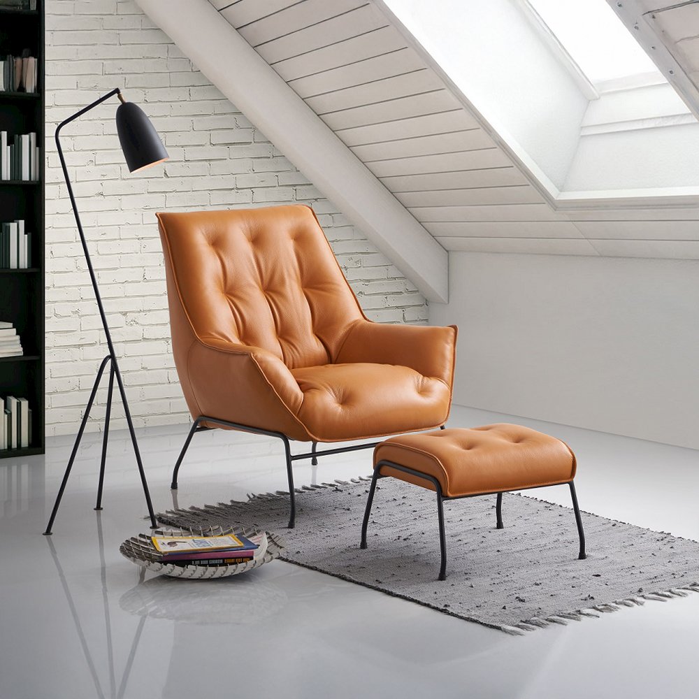 Zusa Accent Chair & Ottoman, Sandstone Top Grain Leather