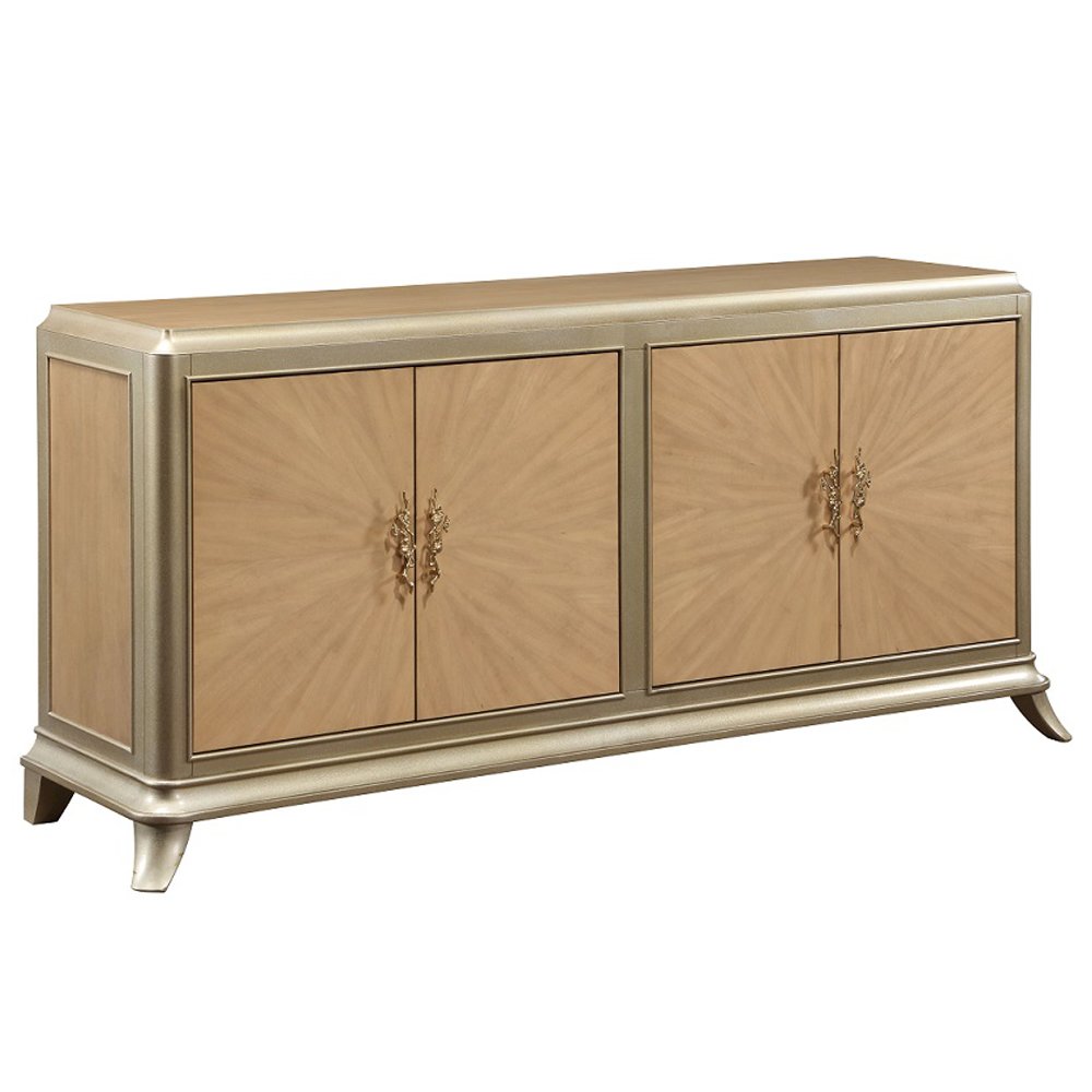 Dodie Console Cabinet, Oak Sunburst Pattern & Taupe Champagne