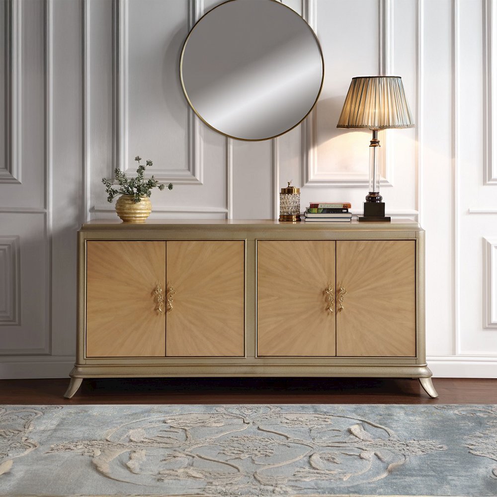 Dodie Console Cabinet, Oak Sunburst Pattern & Taupe Champagne