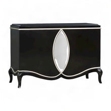 Wood Veneer Console Buffet Cabinet with Mirror and Open Shelves, Black