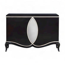 Wood Veneer Console Buffet Cabinet with Mirror and Open Shelves, Black