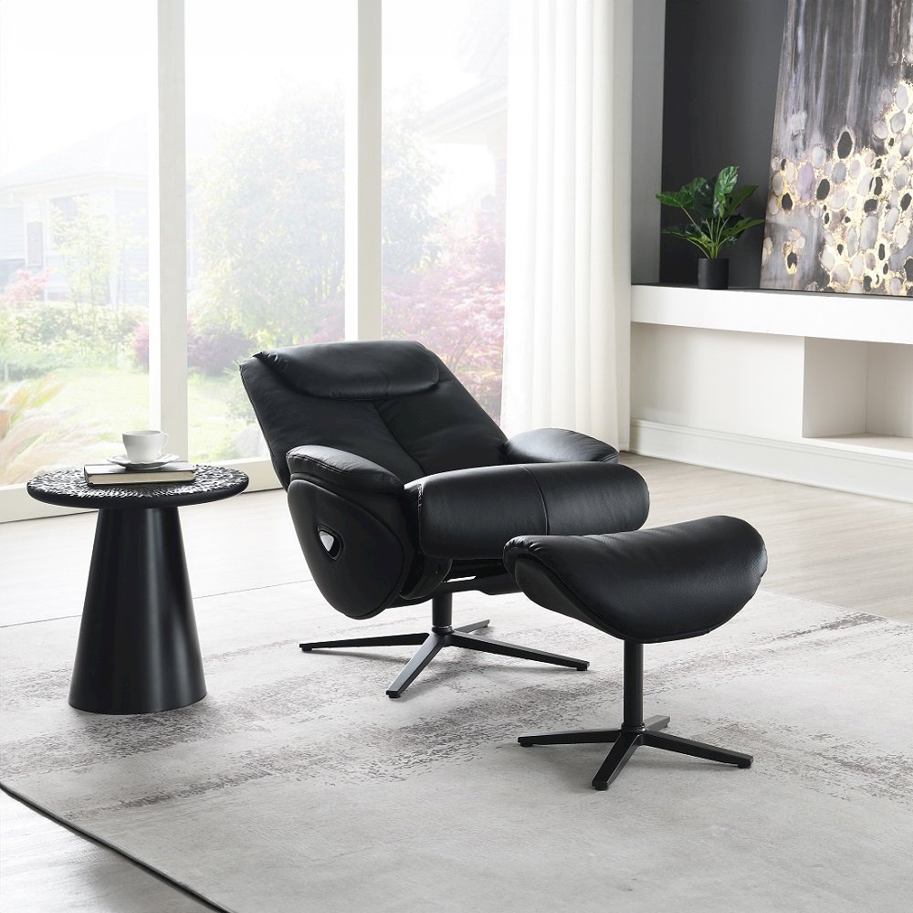 Labonita Accent Chair w/Swivel & Ottoman, Black Top Grain Leather & Black