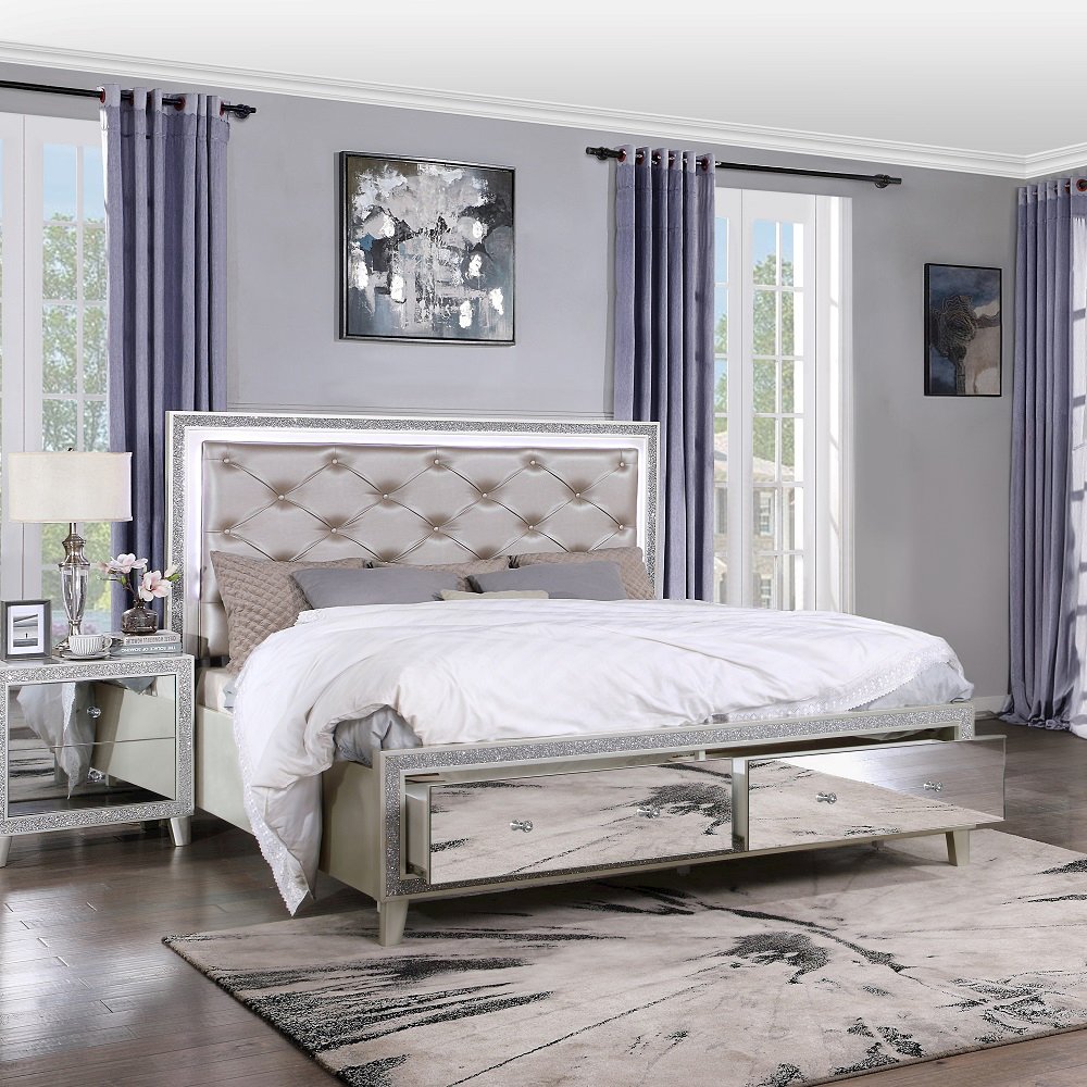 Sliverfluff CK Bed w/Storage & LED, Leatherette & Champagne