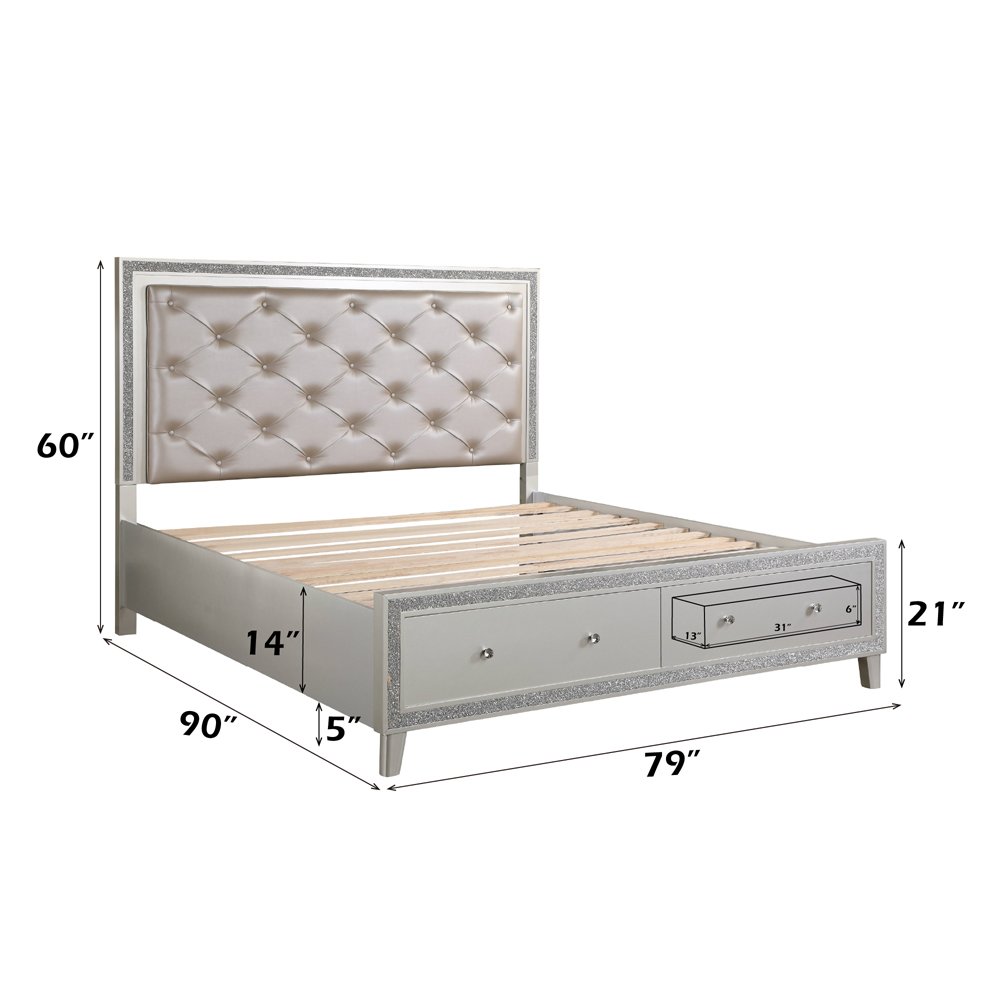 Sliverfluff CK Bed w/Storage & LED, Leatherette & Champagne