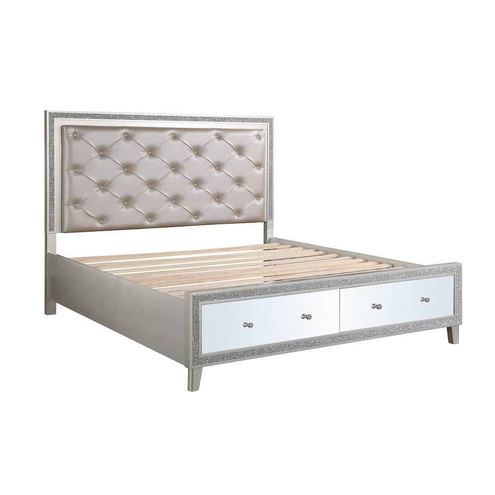 Sliverfluff Eastern King Bed w/Storage & LED, Leatherette & Champagne