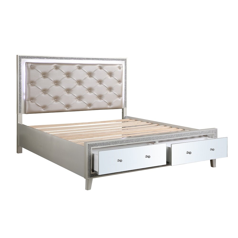 Sliverfluff Eastern King Bed w/Storage & LED, Leatherette & Champagne