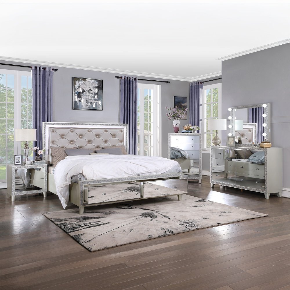 Sliverfluff Eastern King Bed w/Storage & LED, Leatherette & Champagne