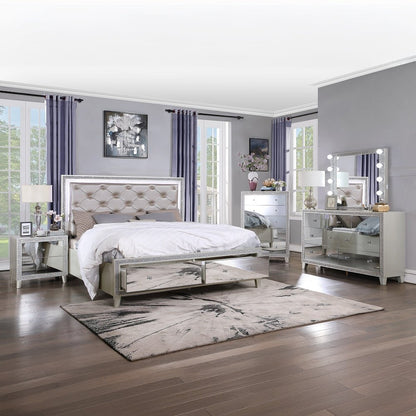 Sliverfluff Eastern King Bed w/Storage & LED, Leatherette & Champagne