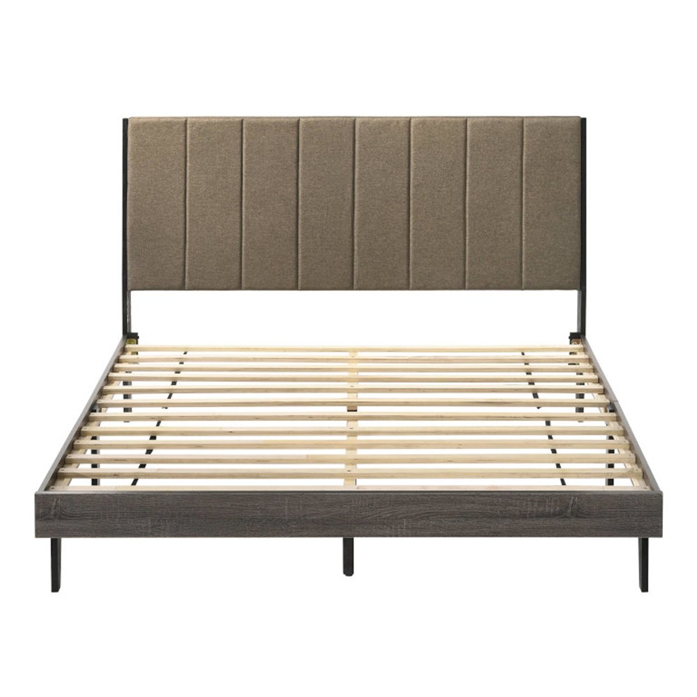 Valdemar Queen Bed, Brown Fabric & Weathered Gray