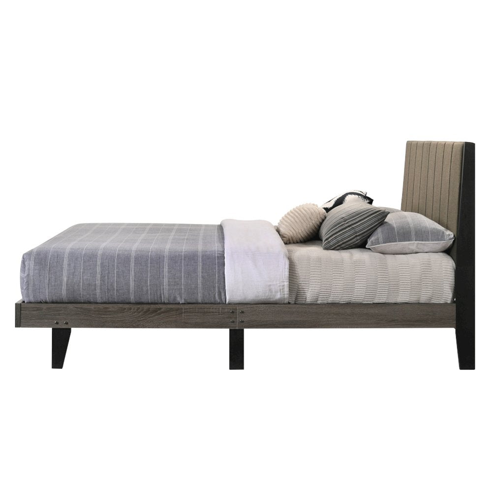 Valdemar Queen Bed, Brown Fabric & Weathered Gray