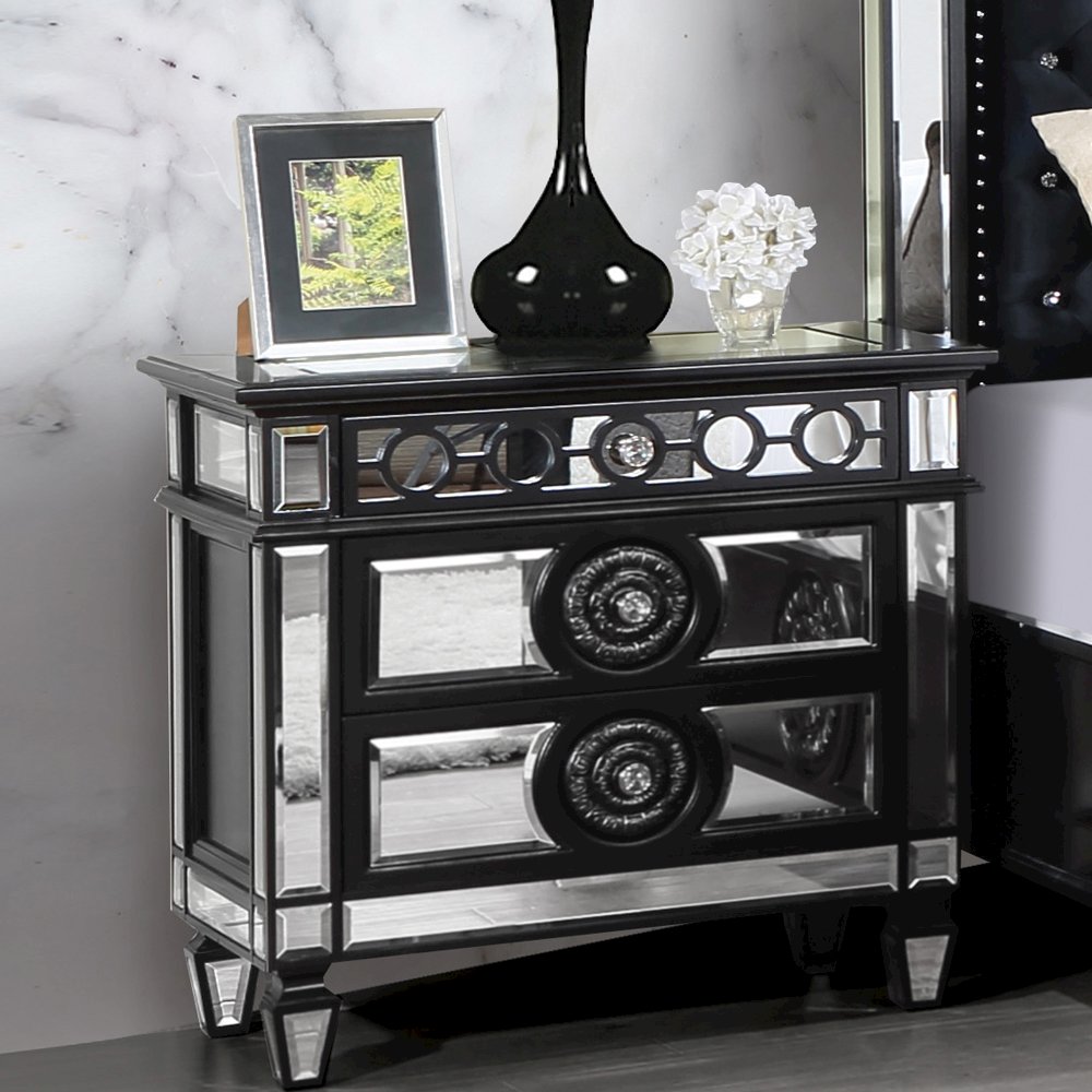 Varian II Nightstand, Mirrored, Black & Silver