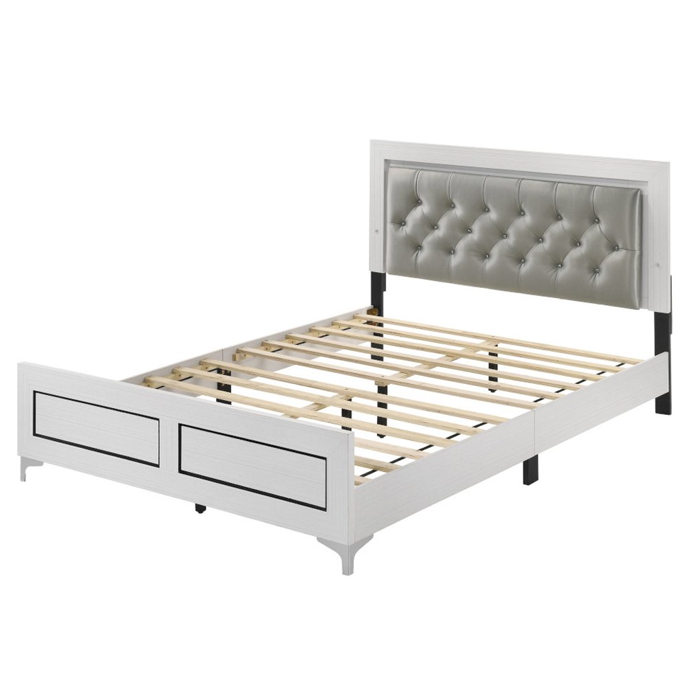 Casilda Queen Bed w/LED, Gray Leatherette & White