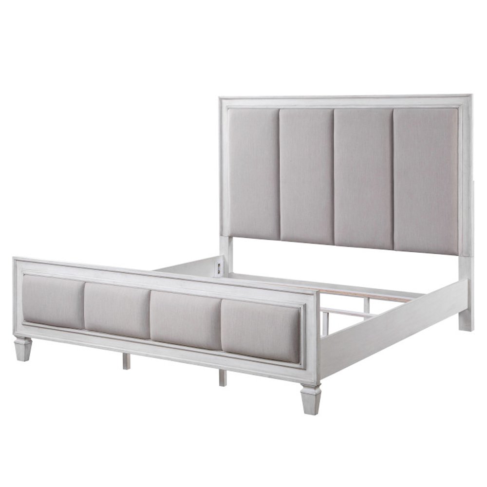 Katia Queen Bed, Light Gray Linen, Rustic Gray & Weathered White