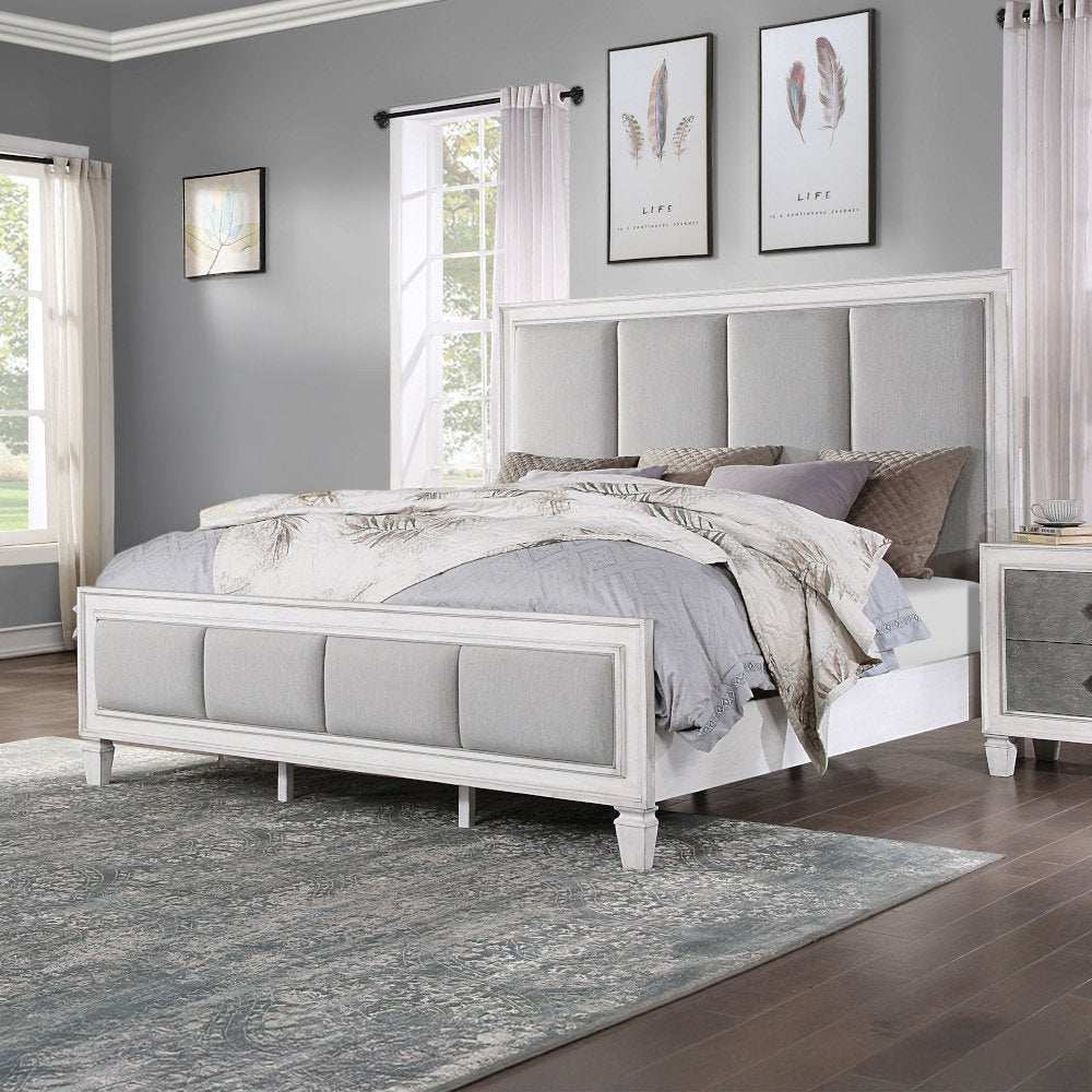 Katia Queen Bed, Light Gray Linen, Rustic Gray & Weathered White
