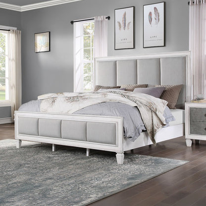 Katia Queen Bed, Light Gray Linen, Rustic Gray & Weathered White