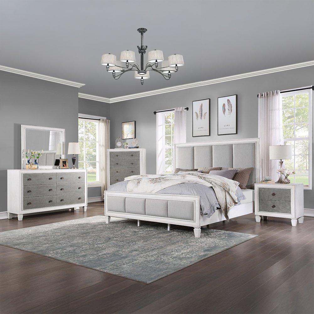 Katia Queen Bed, Light Gray Linen, Rustic Gray & Weathered White