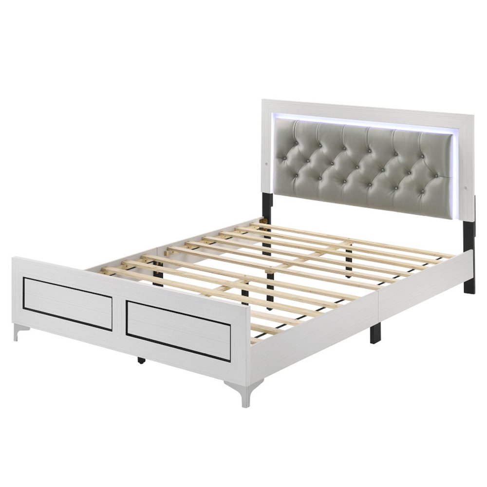 Casilda Eastern King Bed w/LED, Gray Leatherette & White