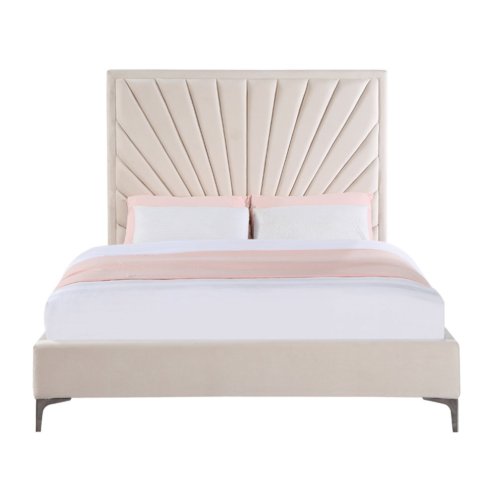 Faiz Queen Bed, Beige Velvet