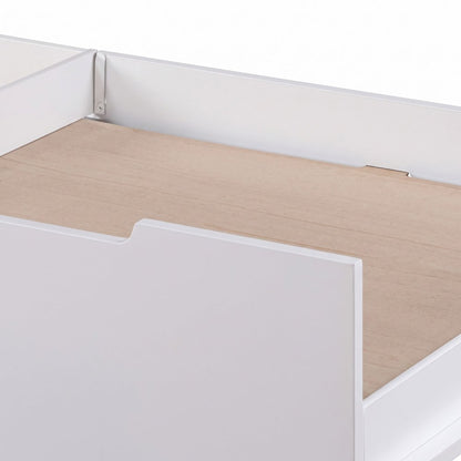 FurniFact Twin Trundle Bed with Wooden Slatted Pull-Out Frame, Oak & White