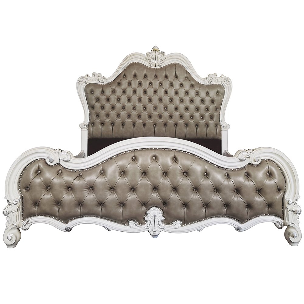 Versailles II Eastern King Bed, Vintage Gray Leatherette & Bone White