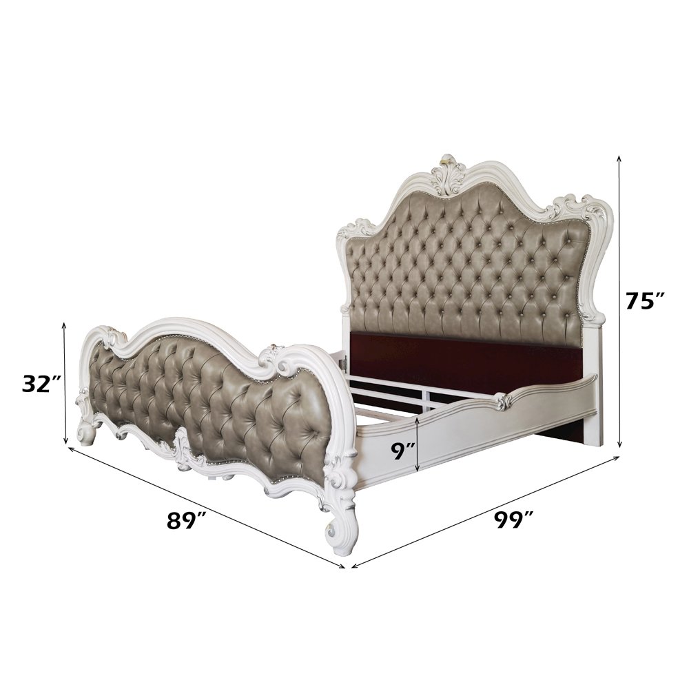 Versailles II Eastern King Bed, Vintage Gray Leatherette & Bone White