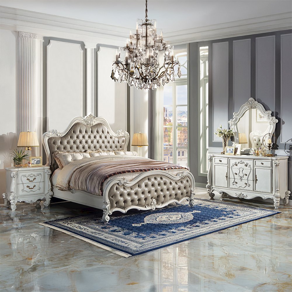 Versailles II Eastern King Bed, Vintage Gray Leatherette & Bone White