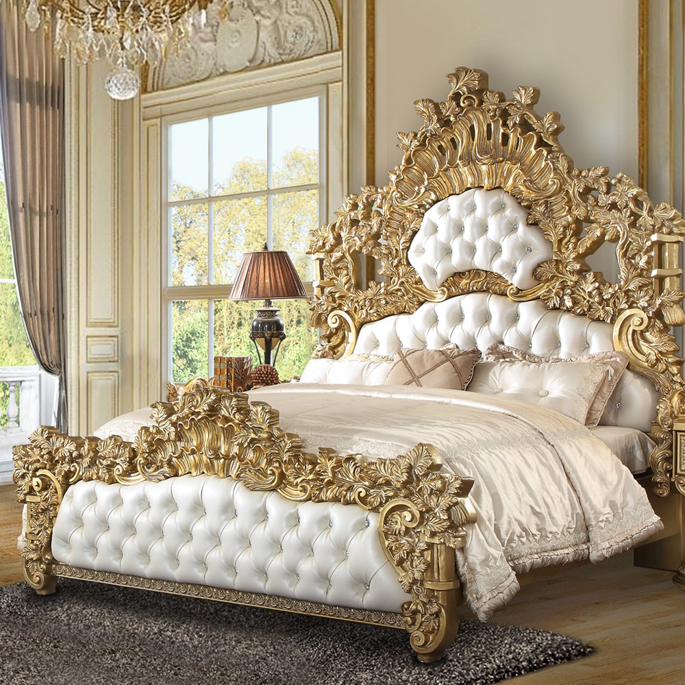 Bernadette Eastern King Bed, White Leatherette & Gold