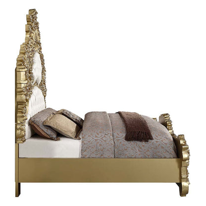 Bernadette Eastern King Bed, White Leatherette & Gold