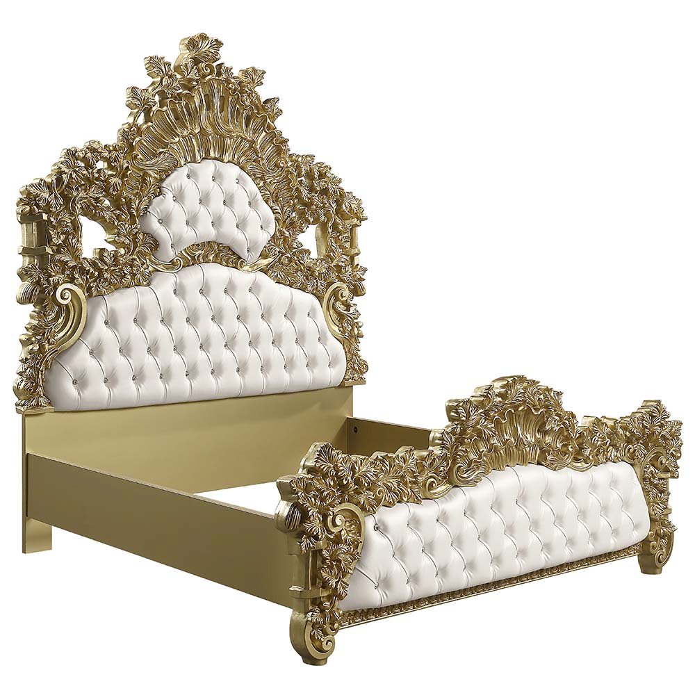 Bernadette Eastern King Bed, White Leatherette & Gold