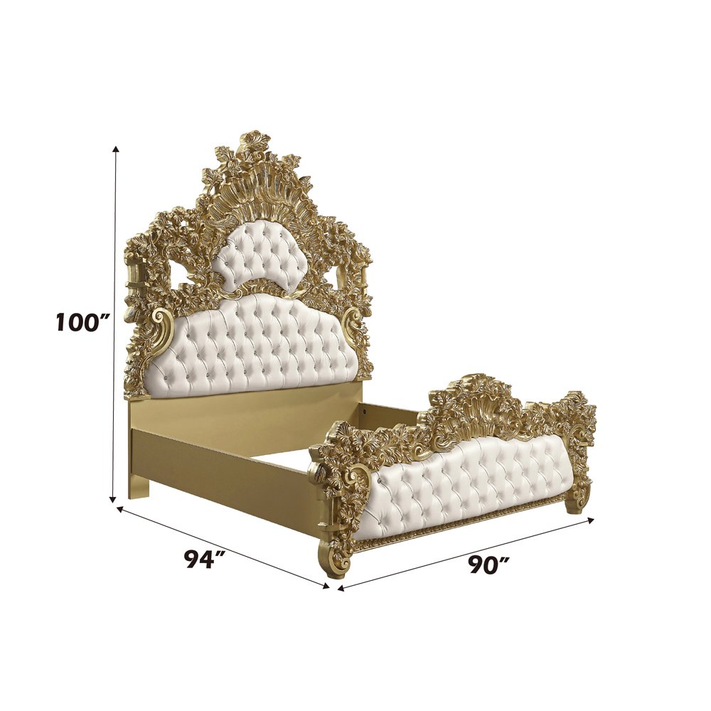 Bernadette Eastern King Bed, White Leatherette & Gold