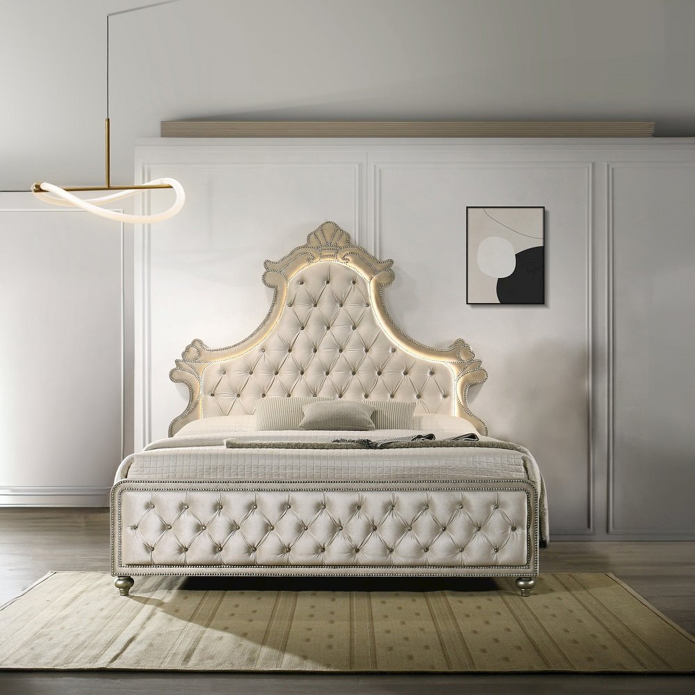 Lucienne Eastern King Bed w/LED, Beige Velvet